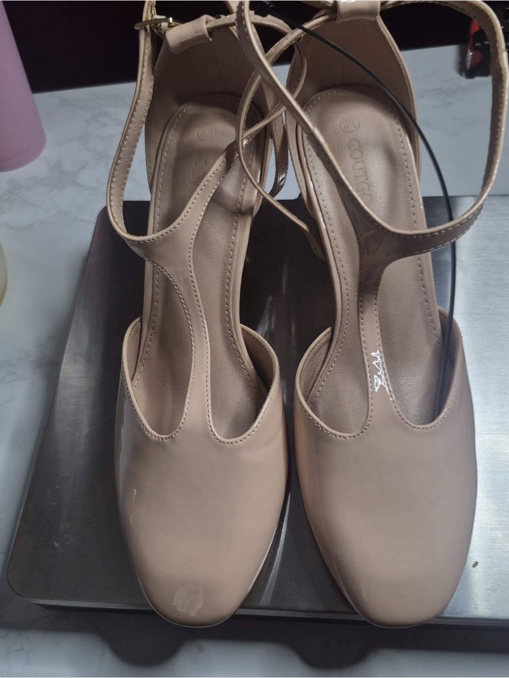 Women's Nude T-Strap Dress Heels with Ankle Strap